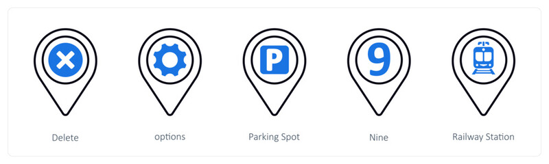 A set of 5 mix icons as delete, options, parking spot