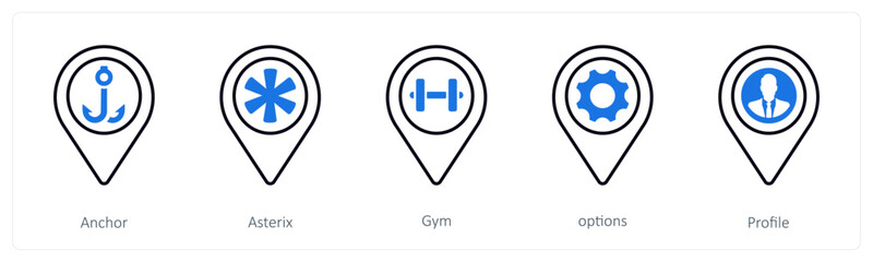 A set of 5 mix icons as anchor, asterix, gym