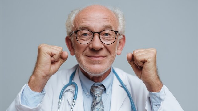 Elderly male doctor with stethoscope, smiling confidently and joyfully with raised fists, symbolizing triumph and achievement.