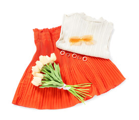 Stylish female spring outfit with accessories and tulip flowers isolated on white background