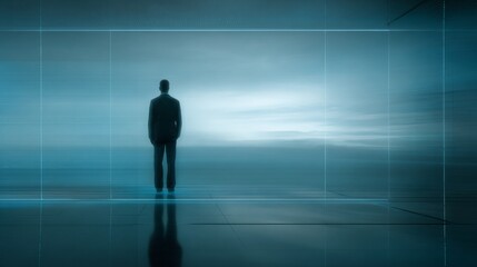 Obraz premium Silhouetted figure in a suit stands before a large illuminated blue gradient screen in a sleek, minimalist high-tech environment with reflective floor.
