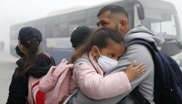 Father hugging daughter wearing protective face mask in smog