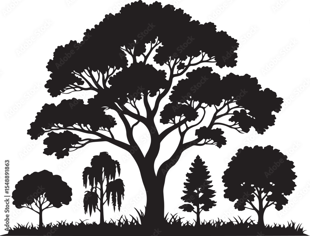 Poster silhouette of diverse trees in a forest setting a variety of shapes and sizes against a white backgr