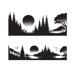 nature scenes vector silhouette clip art logo design illustration. river, tree, mountain abstract collections.
