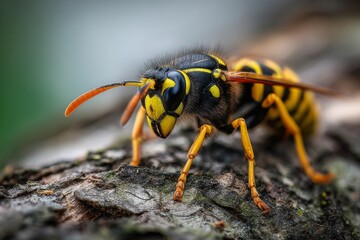 Close-up of vibrant yellow and black wasp on tree bark