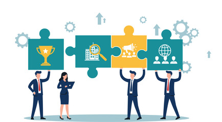 Business people connecting puzzle pieces with icons representing success, teamwork, marketing, research, global network, business strategy, flat vector illustration

 flat vector illustration
