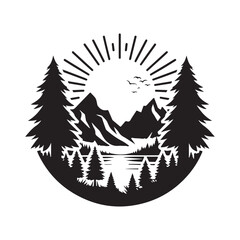nature scenes vector silhouette clip art logo design illustration. river, tree, mountain abstract collections.