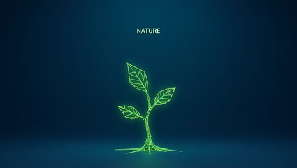 Digital Nature: Glowing Wireframe Sprout Representing Growth and Environment.