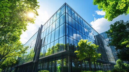 Contemporary glass office building blending with nature under a vibrant blue sky