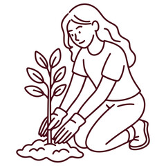 Line art of woman planting tree into soil, clean and minimal ecological theme promoting green lifestyle and care