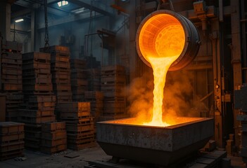 Industrial steel foundry pouring molten metal into large industrial mold for manufacturing