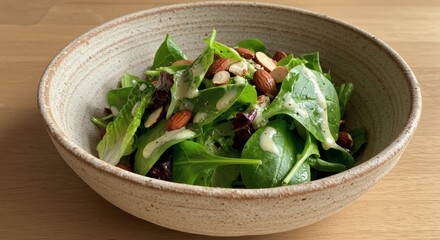 Delicious Green Salad with Almonds and Creamy Dressing in a Rustic Bowl