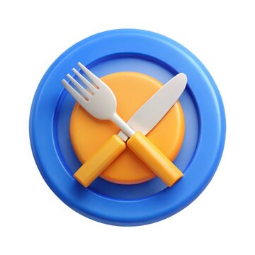 3d render of a fork and knife on a plate icon isolated on white background