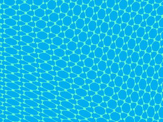 Bright blue futuristic hexagonal pattern background connected with dots on a bright blue background, creating a wavy digital texture.