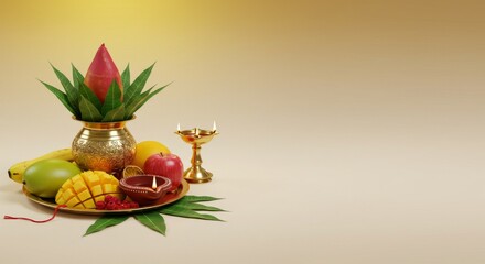 Preparation for puja with Kalash, fruits, diya and sacred thread during Pavitropana, beige to golden gradient background