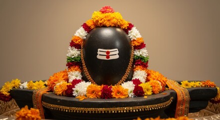 Shiva Lingam decorated with sacred pavitram thread and flowers
