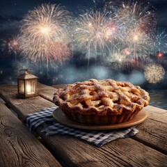Festive Pie on a Table with Fireworks in the Night Sky
