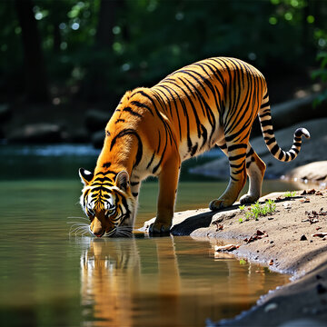A tigger moving to drinking weater in a river