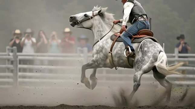 A cowboy rides a bucking bronc horse in slow motion, full of grit, strength, and classic rodeo action.