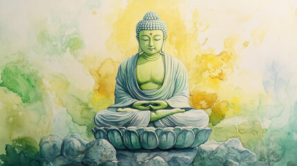 Buddha statue. Buddha Purnima. Vesak day. Meditating Buddha., Illustration in Watercolor Style