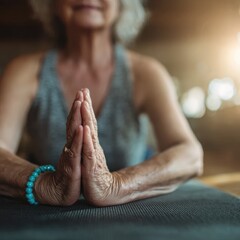 A senior woman is seated in a tranquil indoor environment, practicing meditation. She sits cross-legged with hands in a prayer position, illuminated by gentle sunlight.
