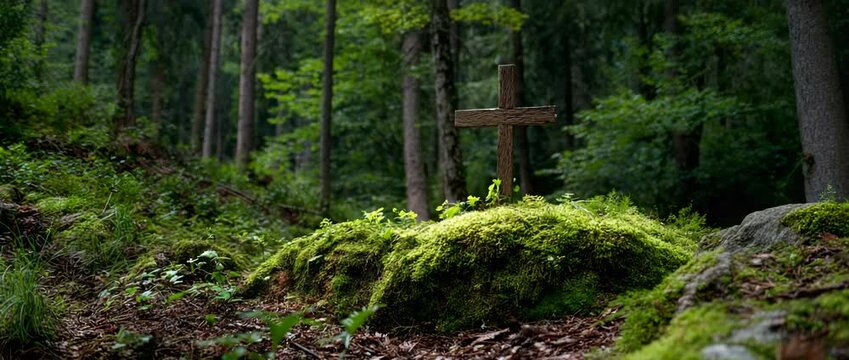 A wooden crucifix encircled by moss in a woodland burial site provides a calm and organic funeral background. 