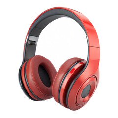Glossy 3D Red Headphones Icon in Plastic Style on White Background.