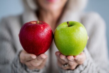 Female holding red and green apples for healthy eating choices