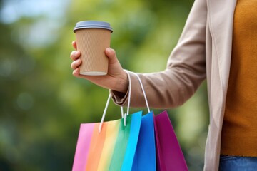 Woman holding colorful shopping bags and drinking a coffee outdoors
