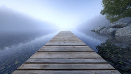 Obraz premium Wooden pier stretching into misty lake at dawn