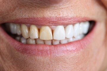 Fototapeta premium Close-up of mature caucasian female's smile with tooth discoloration and healthy teeth