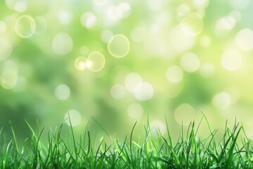 Fresh, vibrant green grass foregrounds a soft, bokeh-filled background of springtime light
