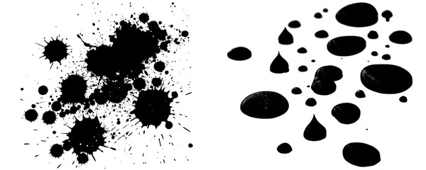Irregular Black Ink Splatters With Random Dispersion and Rough Bleeding Edges Combined With Scattered Droplets Featuring Uneven Spread and Soft Texture Isolated on a Transparent or White Background