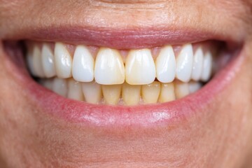 Close-up of mature caucasian female with natural teeth showing variations in coloring