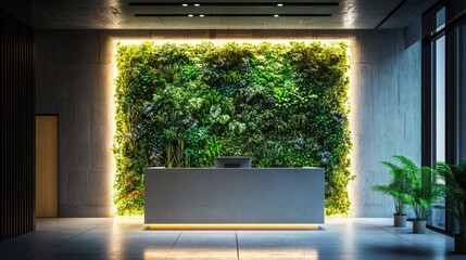 Contemporary reception area featuring a vertical garden and sleek design