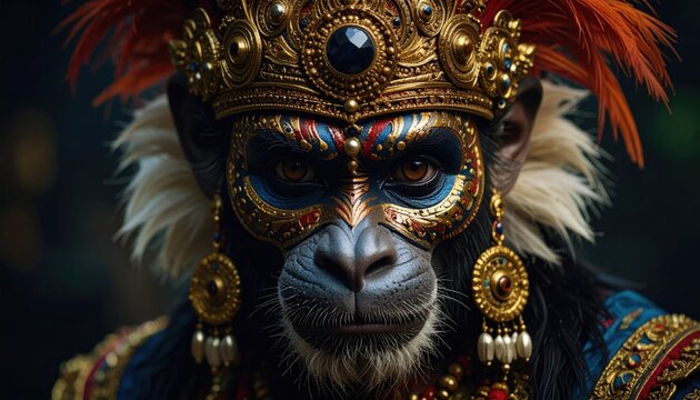Enigmatic monkey adorned with elaborate royal ornaments and feathered headdress