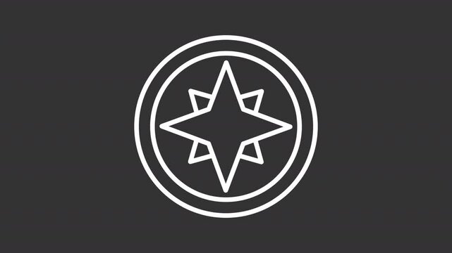 Animated compass white line icon. Nautical navigation tool animation. Spinning, rotating. Cartography, marine. Tourism equipment. Isolated element on dark background. Alpha transparent video