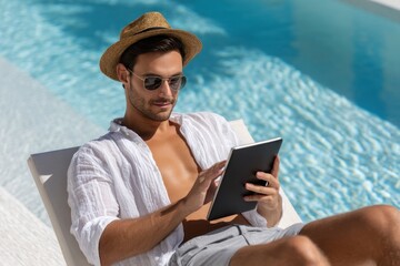 Tourist using tablet by the pool on vacation