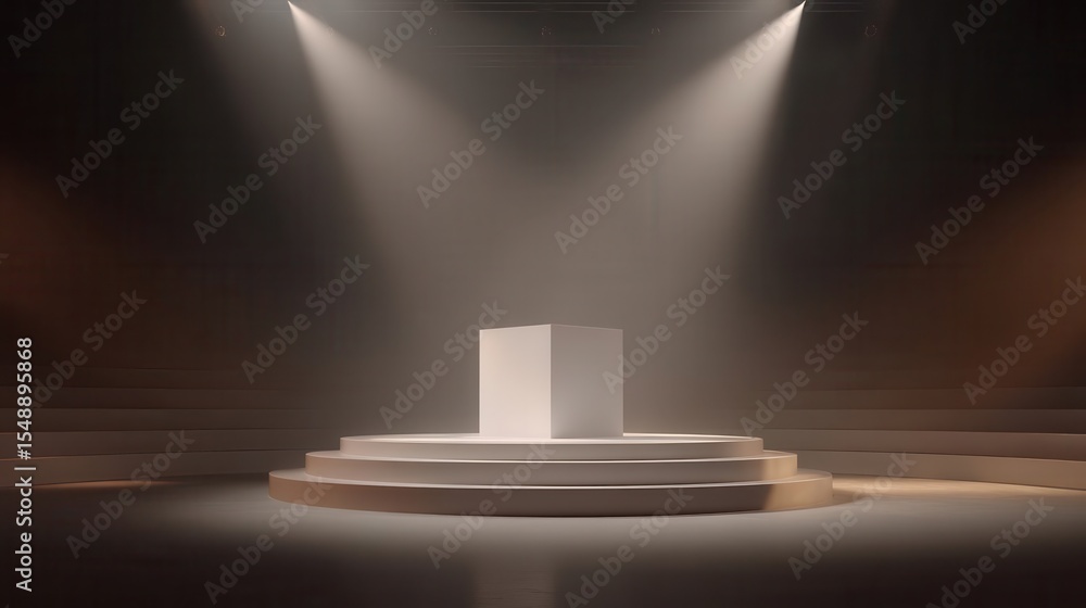 Poster empty white cube display podium on a multi-tiered circular platform.