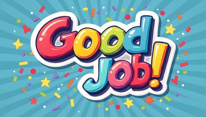 Good Job! Colorful Celebration with Stars on Light Blue Background