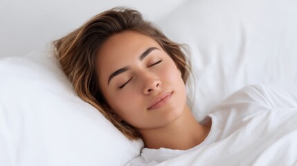 Young caucasian female sleeping peacefully in white bedding