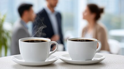 Two cups of steaming coffee with business people talking in background