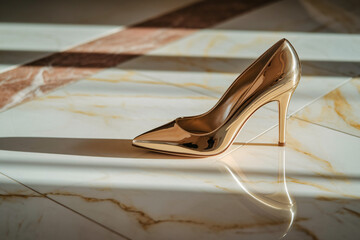 Elegant high heel with golden sole on marble floor. A luxurious composition of fashion and refined interior style.