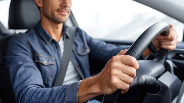 Man driving a car safely wearing seatbelt