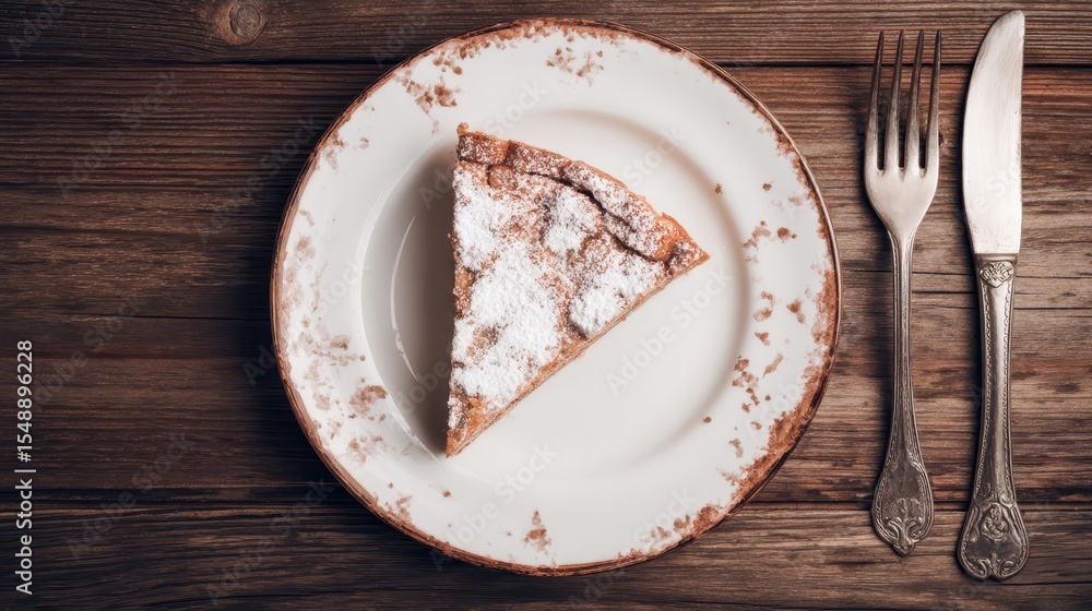 Poster a slice of dusted pie on a rustic plate.