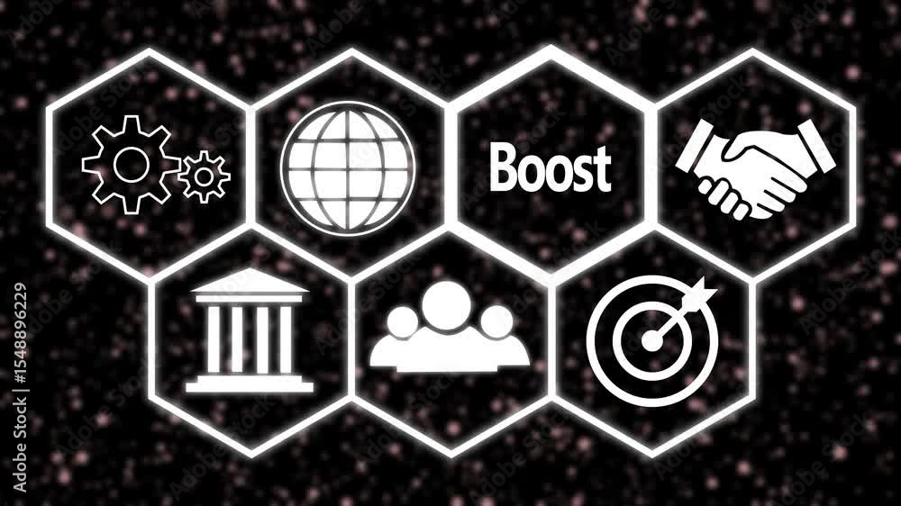 Poster a businessman's hand selecting a boost concept button on a futuristic computer screen.
