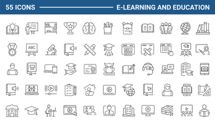E-learning set of web icons in line style. Online education icons for web and mobile app. Distance learning, video tutorial, online lecture, school, university, webinar. Vector illustration