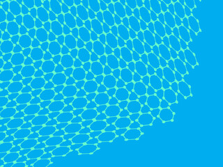 Bright blue futuristic hexagonal pattern background connected with dots on a bright blue background, creating a wavy digital texture.