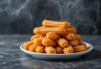 Fototapeta premium Close up of a plate stacked with freshly made golden churros ready to be served