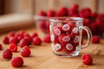 A clear glass mug filled with fresh raspberries sits on a wooden surface. More raspberries are scattered around the mug, creating a vibrant, colorful scene.